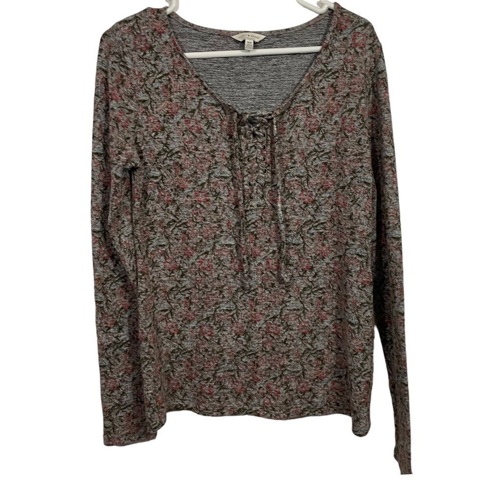 Lucky Brand Lattice Neckline Cozy Floral Long Sleeve Shirt